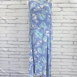 Vintage Tropical Floral Crinkle Maxi Dress Blue Sleeveless Side Loop Tab Accents